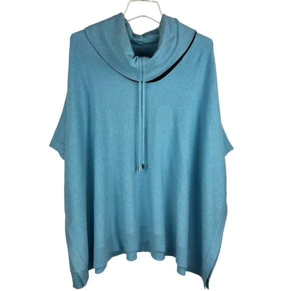 Chico's Cotton Cashmere Cinch Cowl Poncho Pullover Size S/M Blue Black - Picture 1 of 10